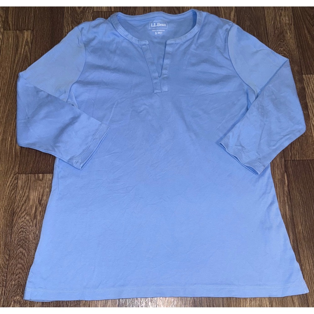 LL Bean Womens Small Petite Light‎ Blue Cotton 3/4 Sleeve Split Neck Top 505517